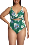 Lands' End Wrap Monokini High Leg One Piece Swimsuit In Island Emerald Petunia Floral