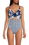 Lands' End Wrap Monokini High Leg One Piece Swimsuit In White/deep Sea Navy Lilies Mix