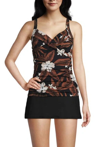 Lands' End Wrap Underwire Tankini Top Swimsuit In Black Floral Palm