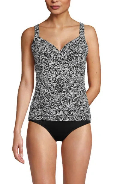 Lands' End Wrap Underwire Tankini Top Swimsuit In Black/white Decor Paisley