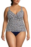 Lands' End Plus Size V-neck Wrap Underwire Tankini Swimsuit Top In Deep Sea Navy Ditsy Floral