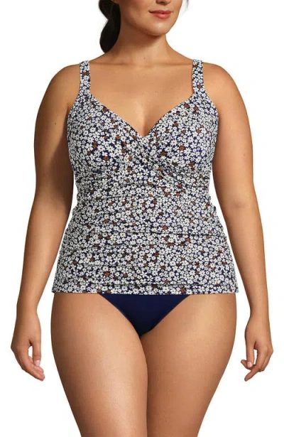 Lands' End Plus Size V-neck Wrap Underwire Tankini Swimsuit Top In Deep Sea Navy Ditsy Floral