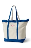 Lands' End Zip Top Long Handle Canvas Tote Bag In Natural/beacon Blue