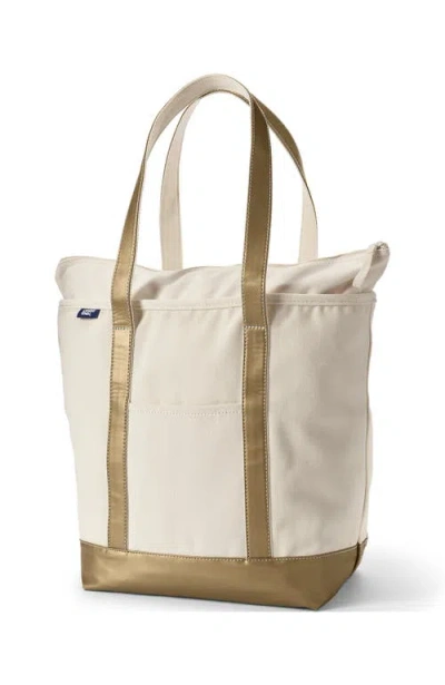 Lands' End Zip Top Long Handle Canvas Tote Bag In Natural/bronze Metallic