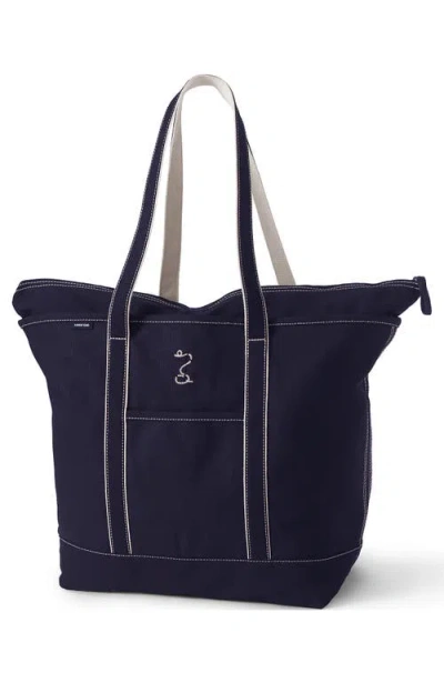 Lands' End Zip Top Long Handle Canvas Tote Bag In True Navy