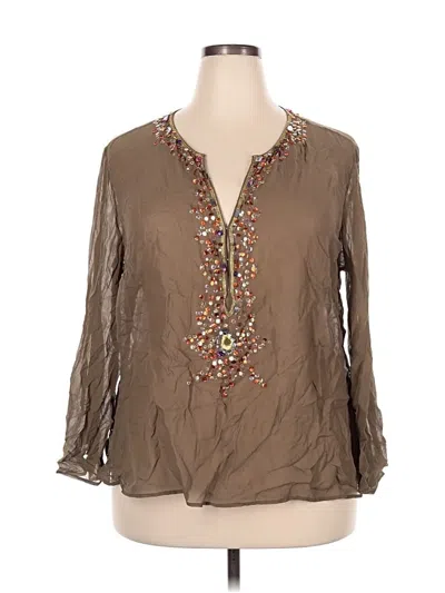 Pre-owned Lane Bryant 3/4 Sleeve Silk Top Brown Plunge Neckline Tops