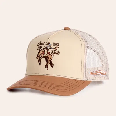 Lane Frost Tan & Coffee Shut Up And Ride Embroidered Curved Bill Trucker Cap In Brown
