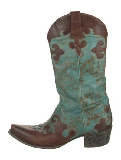 Pre-owned Lane Leather Colorblock Pattern Western Boots In Green
