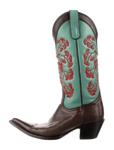 Pre-owned Lane Leather Floral Print Western Boots In Green