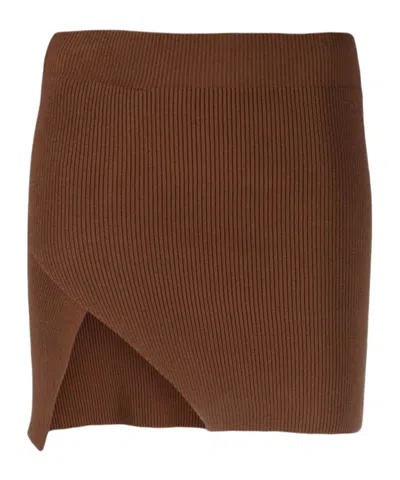 Laneus Asymmetric Cotton-blend Ribbed-knit Miniskirt In Brown