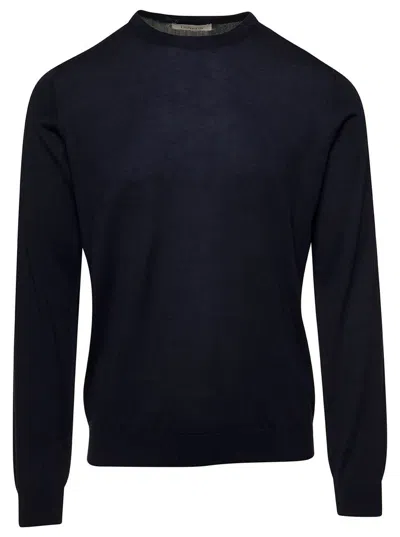 LANEUS BLUE CREWNECK SWEATER WITH RIBBED TRIM IN WOOL AND SILK MAN