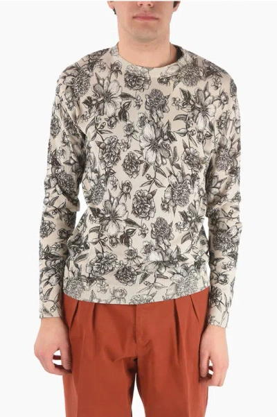Laneus Crew Neck Floral Patterned Cotton Jumper In White