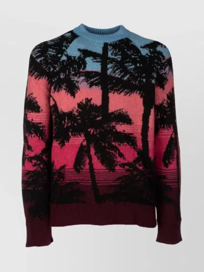 Laneus Crew Neck Palm Tree Pattern Sweater In Multi