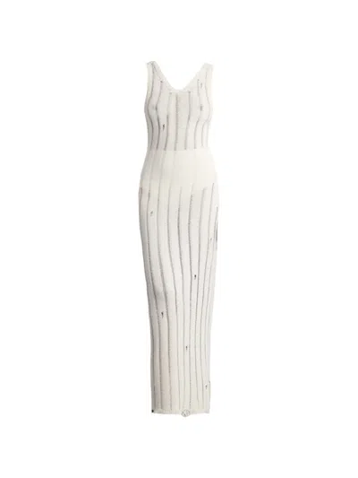 Laneus Distressed Ribbed-knit Dress In White