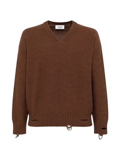 Laneus Distressed V-neck Jumper In Brown