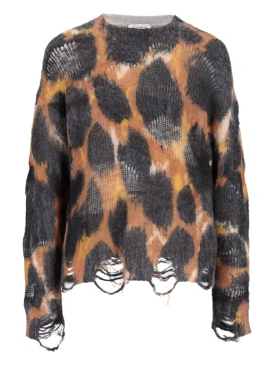 LANEUS FRAYED LEOPARD-PRINT SWEATER
