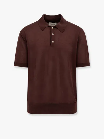 Laneus Knitted Polo Shirt With Ribbed Profiles In Brown