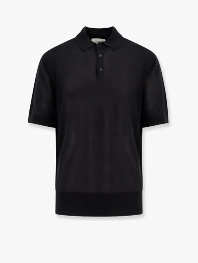 Laneus Knitted Polo Shirt With Ribbed Profiles In Black