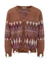 Laneus Patterned Cardigan With Frayed Hems In Brown