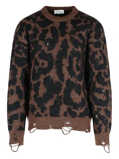 LANEUS LEOPARD-PRINT FRAYED-TRIM SWEATER