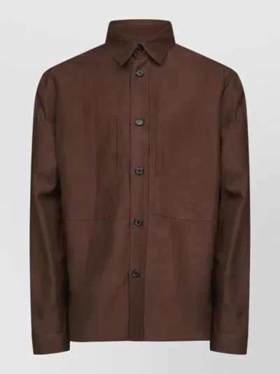 Laneus Mens Overshirt Embroidered Detail Front Pockets In Brown