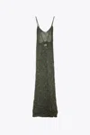 LANEUS PAILLETES DRESS WOMAN MILITARY GREEN NET KNITTED LONG DRESS WITH SEQUINS