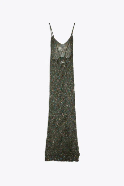 Laneus Pailletes Dress Woman Military Green Net Knitted Long Dress With Sequins In Verde Militare