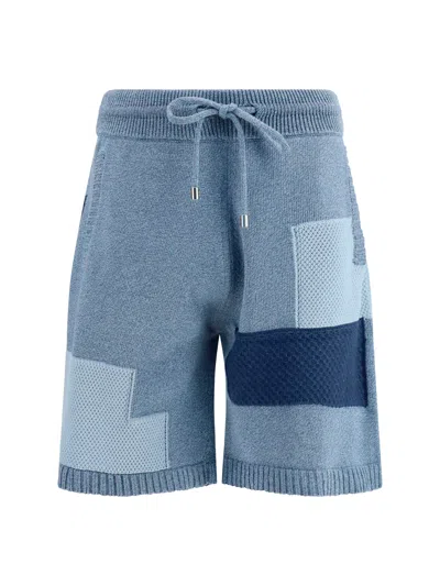 Laneus Patchwork Cotton Knit Bermuda Shorts In Blue