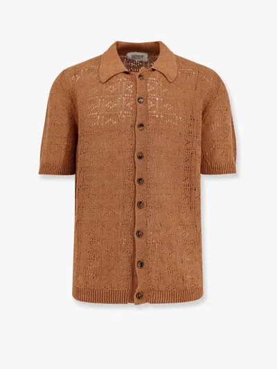 Laneus Perforated Linen And Cotton Cardigan In Brown