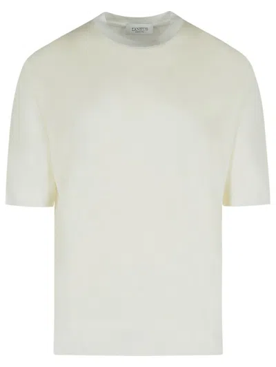 Laneus Ribbed Crew Neck Cotton Sweater With Tone-on-tone Stitching In Beige