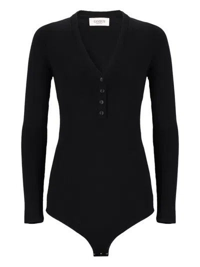 Laneus Ribbed V-neck Buttoned Bodie In Black