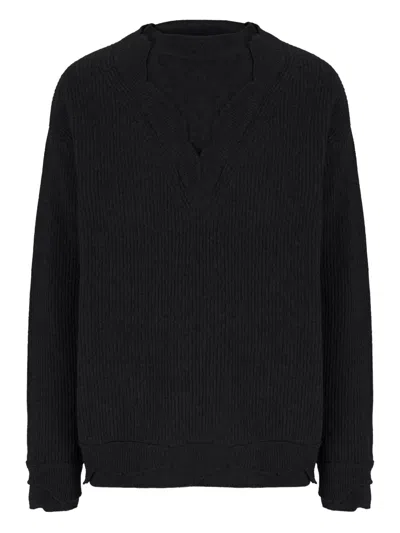 Laneus Ribbed V-neck Sweater In Black