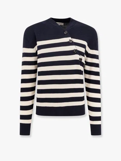 Laneus Striped Cotton Sweater With Diagonal Buttons In Blue