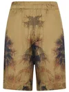 Laneus Viscose Bermuda Shorts With Palm Print In Verde Militare/military Green