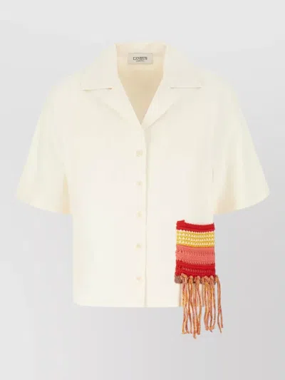 Laneus Viscose Blend Crochet Fringe Short Shirt In White