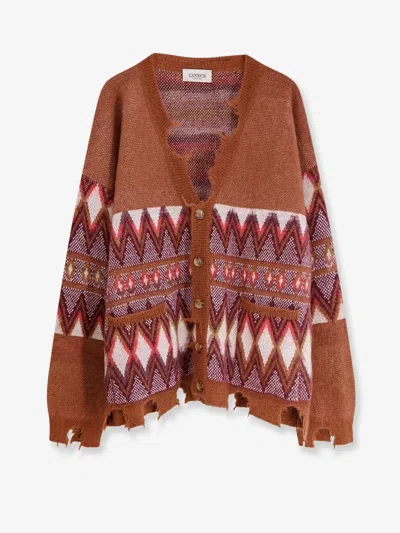 Laneus Patterned Cardigan With Frayed Hems In Brown