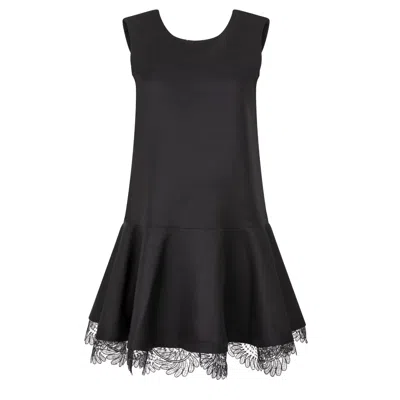 Langner Women's Backless Flared Lace Trimmed Black Mini Dress With Pockets