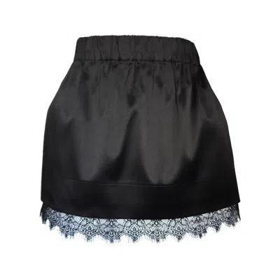 Langner Women's Black Satin Cotton Mini Skirt Trimmed With Lace, Pockets