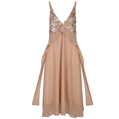 Langner Women's Gold / Neutrals / Rose Gold Sequin Embellished Beige Silk Maxi Dress In Gold/rose Gold
