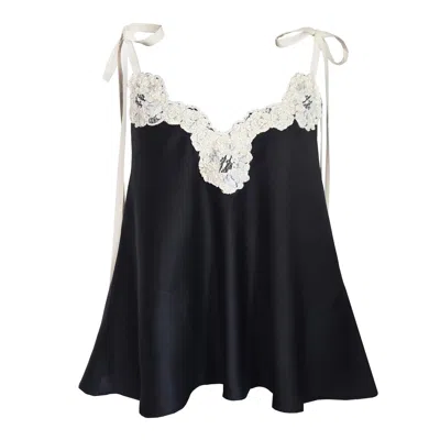 Langner Women's Lace Trimmed Silk Cady Satin Top Black And White
