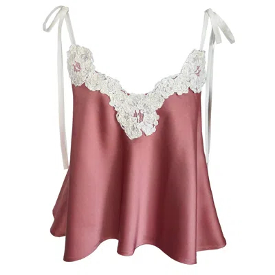 Langner Women's Silk Cadi Satin Top With Lace Neckline Pomegranate Pink