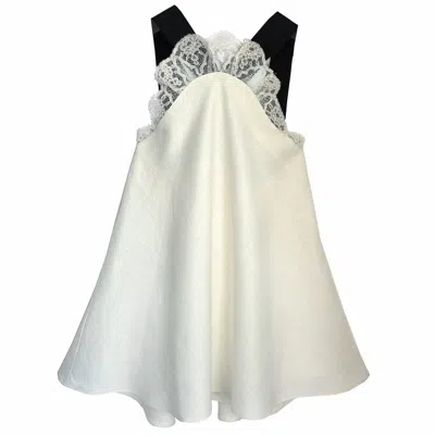 Langner Women's White / Black White Linen Mini Dress With Black Contrast Straps & Lace