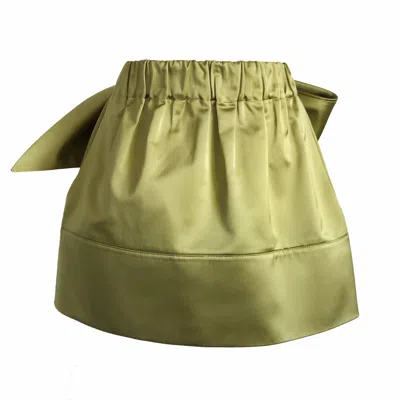 Langner Women's Yellow Olive Satin Mini Skirt With Back Bow Detail And Pockets In Green