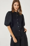 Lanhtropy Puffed Sleeve Black Linen Top In Black