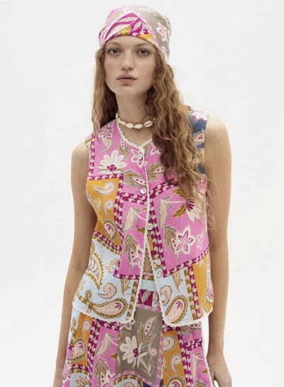 Lanhtropy Folk Linen Top In Pink In Multi