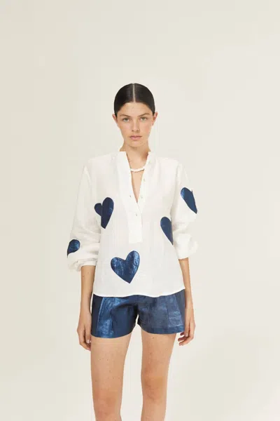 Lanhtropy Metallic Cupid Shirt In Off-white W/foil Dark Blue Hearts