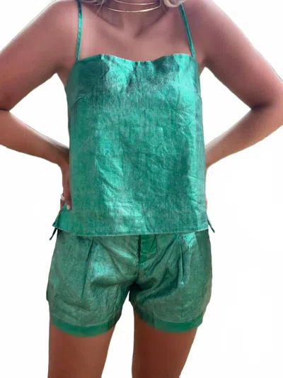 Lanhtropy Metallic Linen Top In Emerald Green