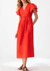 Lanidor Ruffle Sleeve Midi Dress In Terracotta Orange In Multi