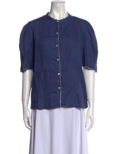 Pre-owned Lanthropy Linen Crew Neck Button-up Top In Blue