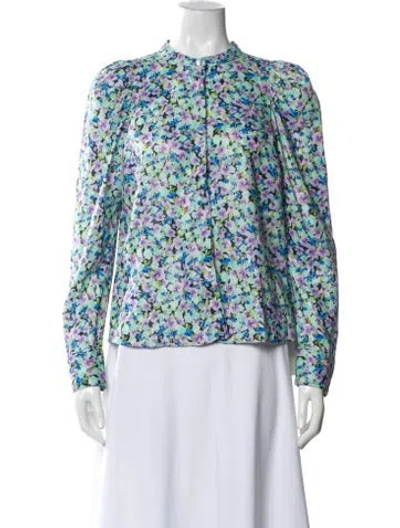 Pre-owned Lanthropy Linen Floral Print Blouse In Blue